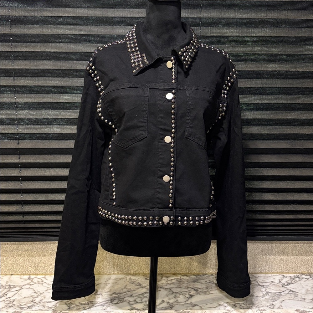 KIWI Black Studded Collared Button Front Accented Trim Denim Jacket Large NWT